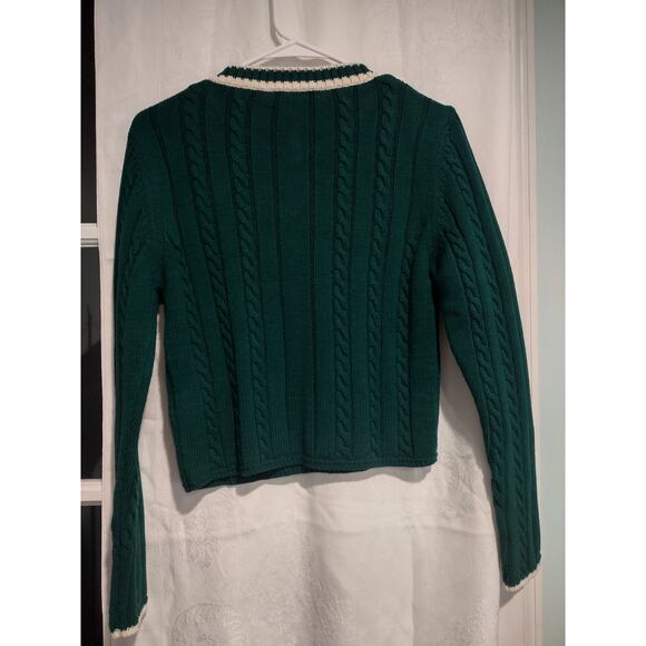 Zara Cable Knit Cropped Sweater Green V-Neck Cottage Preppy Festive Chic Medium - Picture 4 of 6